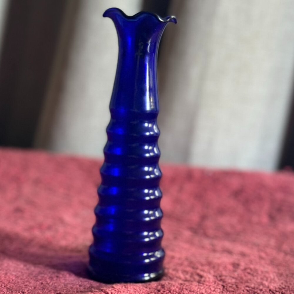 Vintage Cobalt Blue Ripple Design Vase 6"